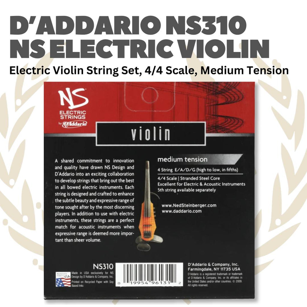 D'Addario NS310 NS Electric Violin String Set, 4/4 Scale, Medium Tension - Senar Violin Listrik Set | Senar Violin Elektrik Set Original