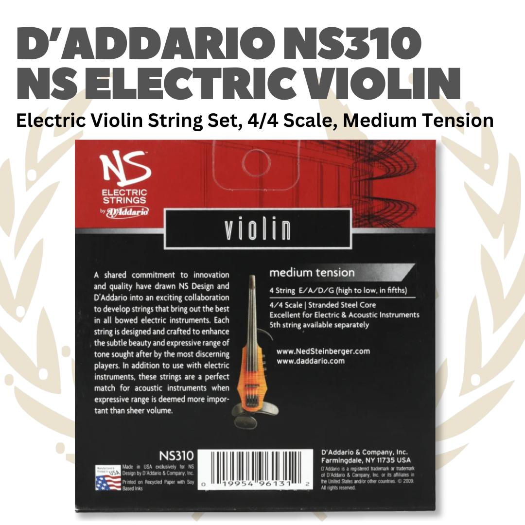 D'Addario NS310 NS Electric Violin String Set, 4/4 Scale, Medium Tension - Senar Violin Listrik Set | Senar Violin Elektrik Set Original
