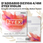 D'Addario DZ310A 4/4 Zyex Violin String Set with Aluminum D, 4/4 Scale, Heavy, Medium & Light Tension - Senar Violin Set Original