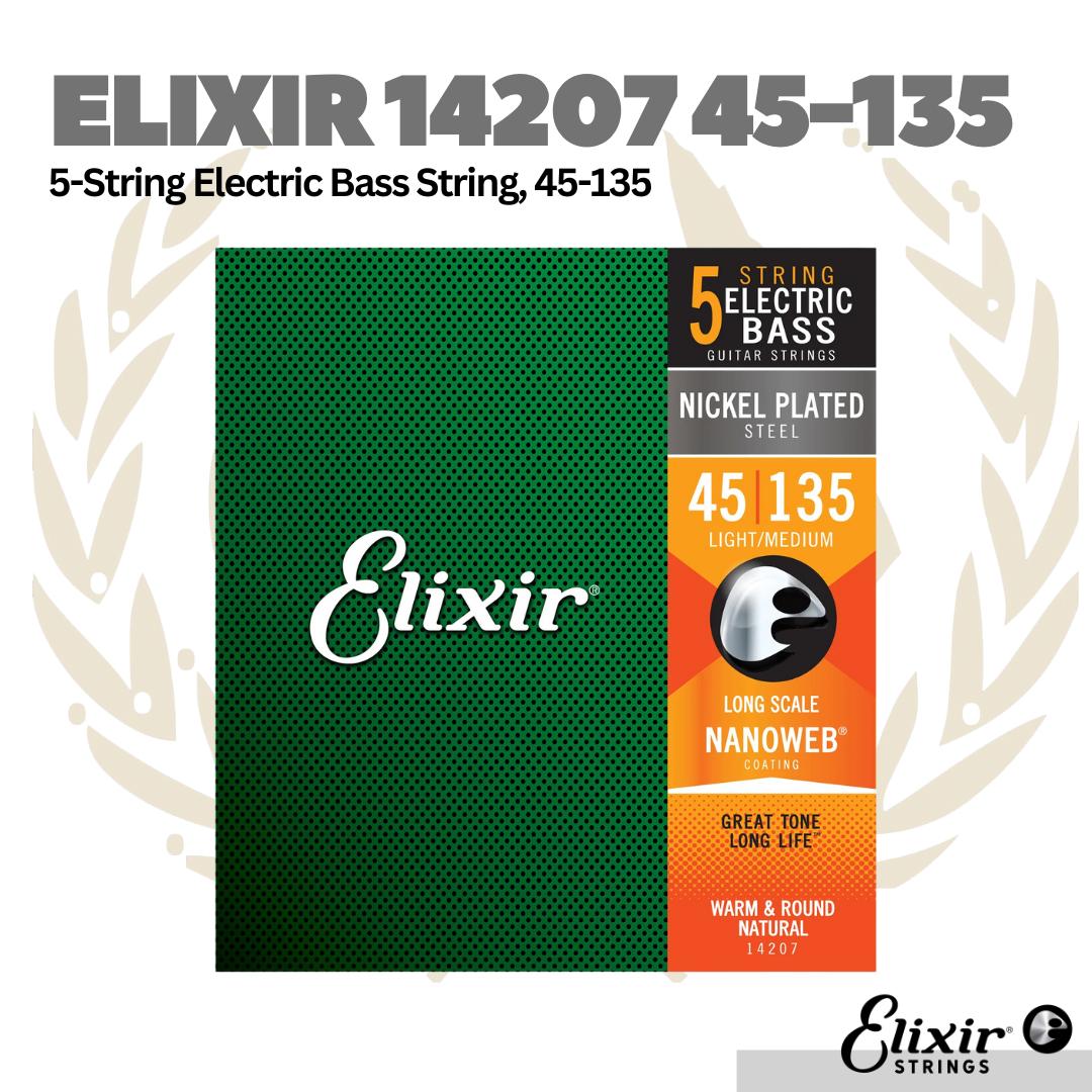 Elixir 14207 Nanoweb Light/Med Long Scale 5-String Electric Bass Strings 45-135