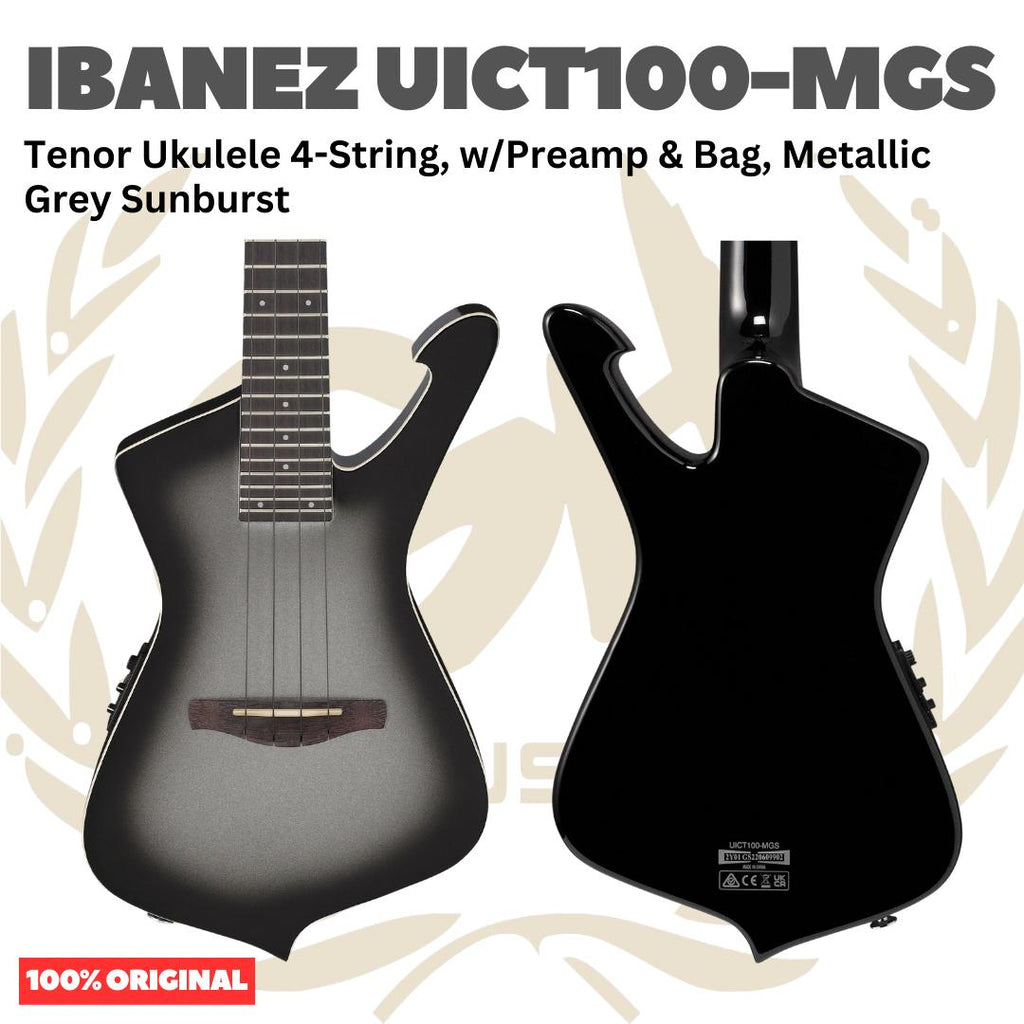 Ibanez UICT100-MGS Tenor Ukulele 4-String w/Preamp & Bag, Metallic Grey Sunburst - Ukulele Tenor 4-senar Original Asli