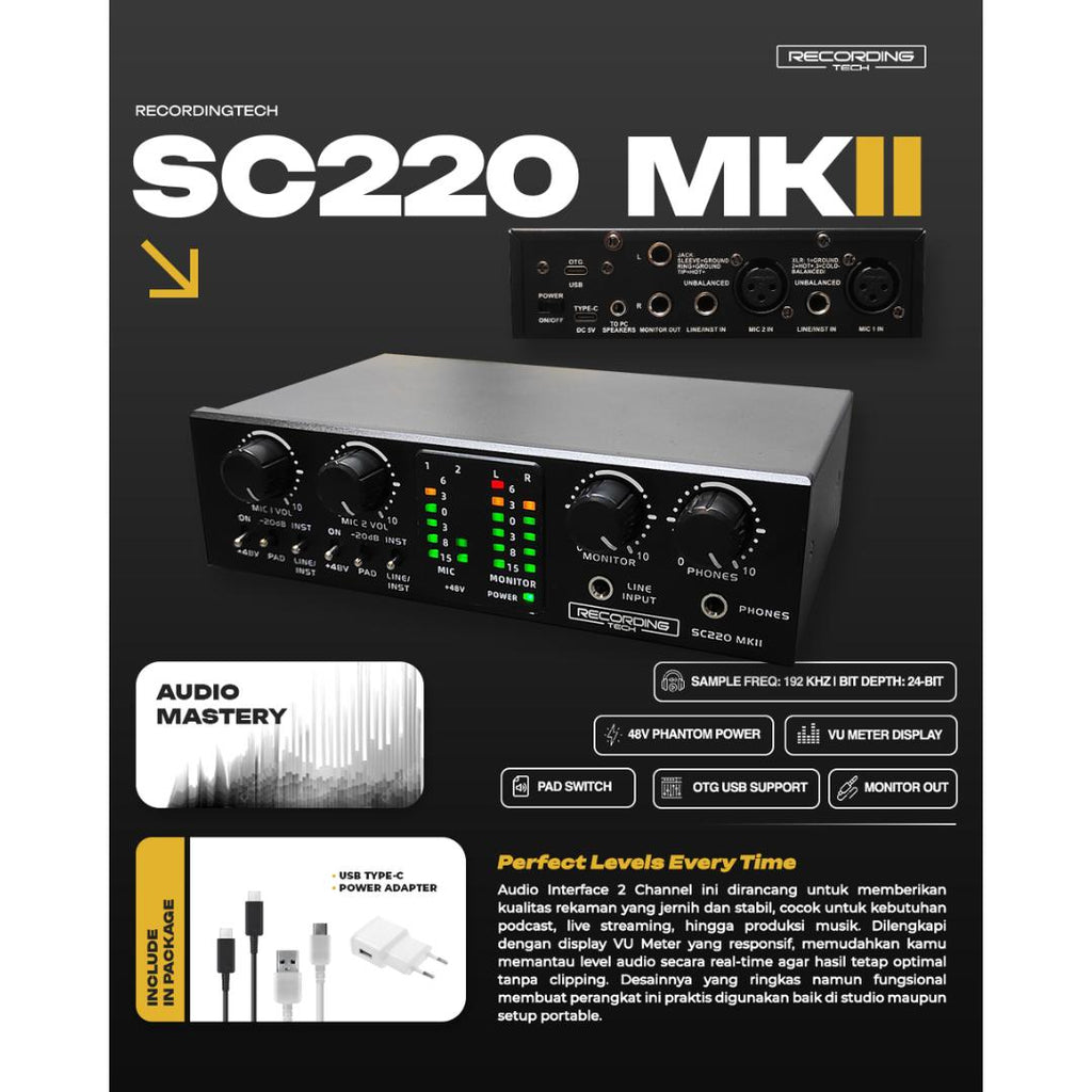 Recording Tech SC220 MK-I & MK-II Professional Audio Interface Soundcard for Recording or Live Streaming - Sound Card SC-220