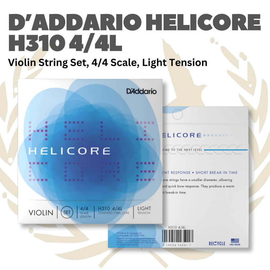 D'Addario Helicore H310 4/4 Violin String Set, 4/4 Scale, Light & Medium Tension - Senar Violin Set Original