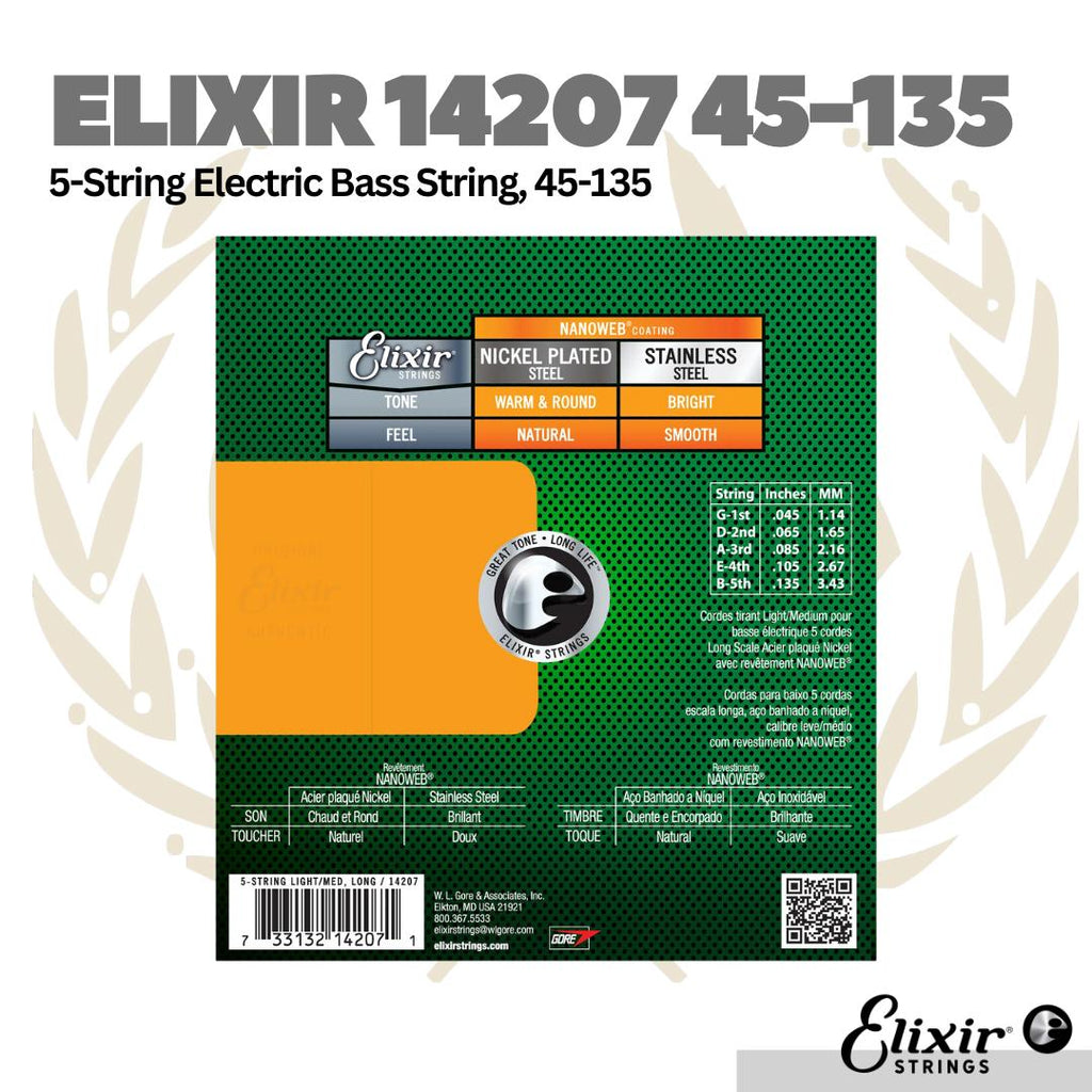 Elixir 14207 Nanoweb Light/Med Long Scale 5-String Electric Bass Strings 45-135