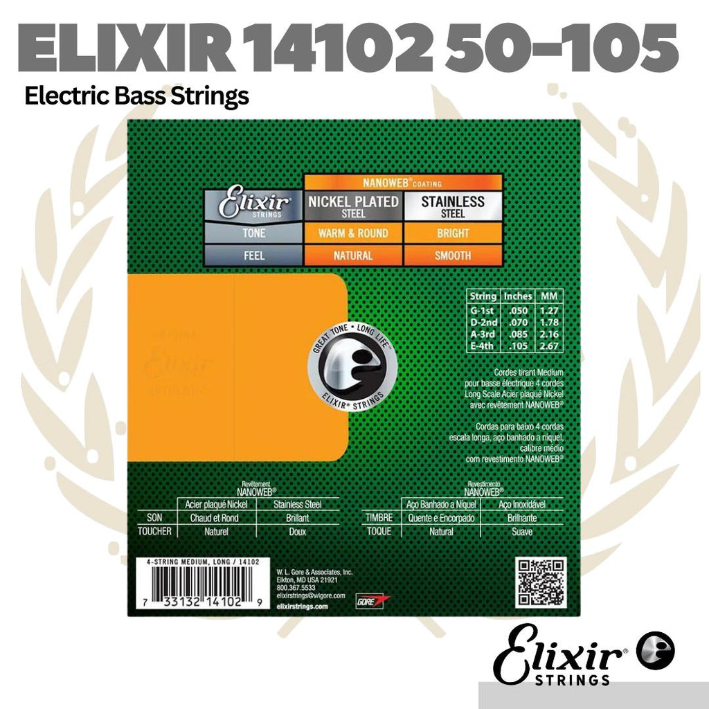 Elixir 14102 Nanoweb Electric Bass Strings, Long Scale, Medium, 50-105