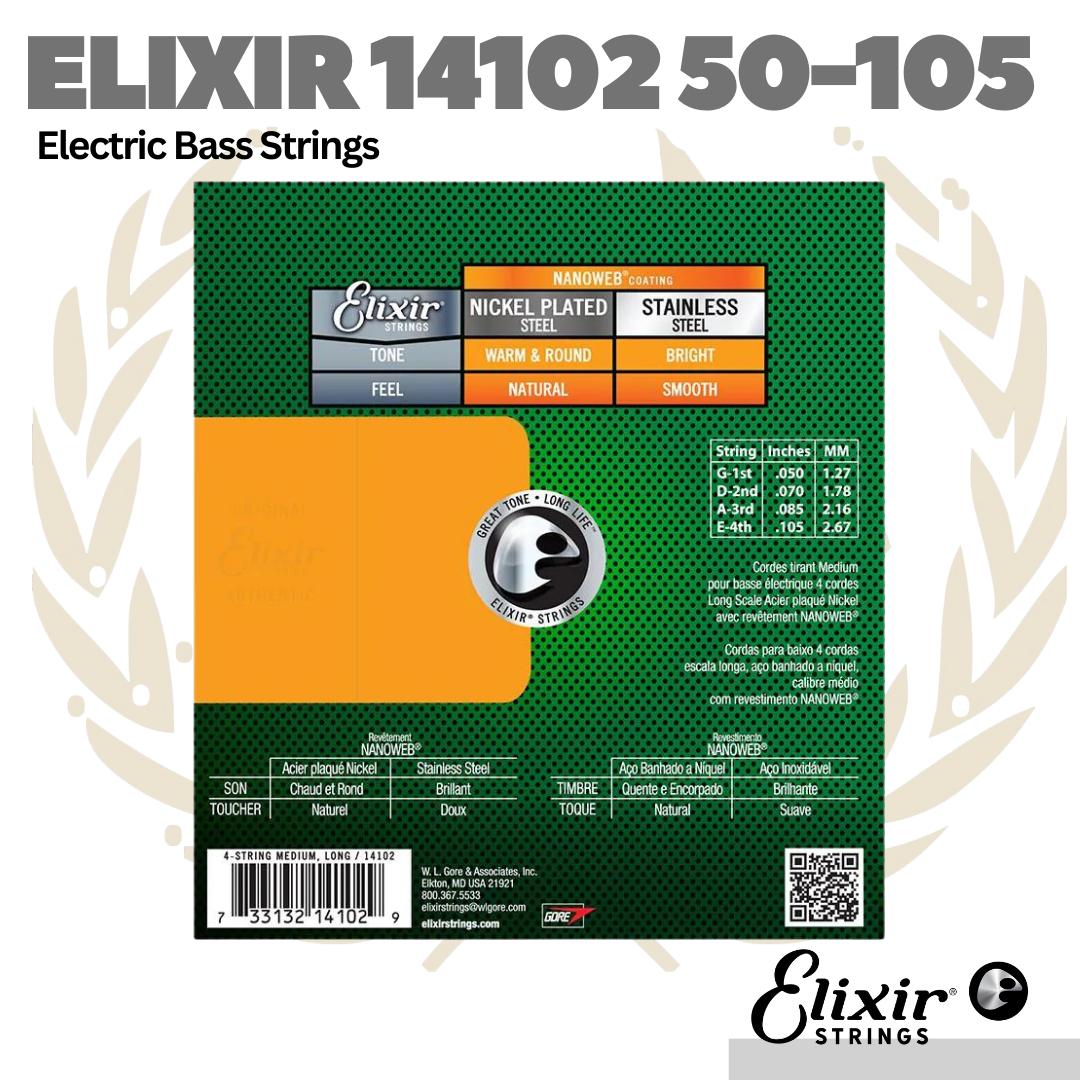 Elixir 14102 Nanoweb Electric Bass Strings, Long Scale, Medium, 50-105