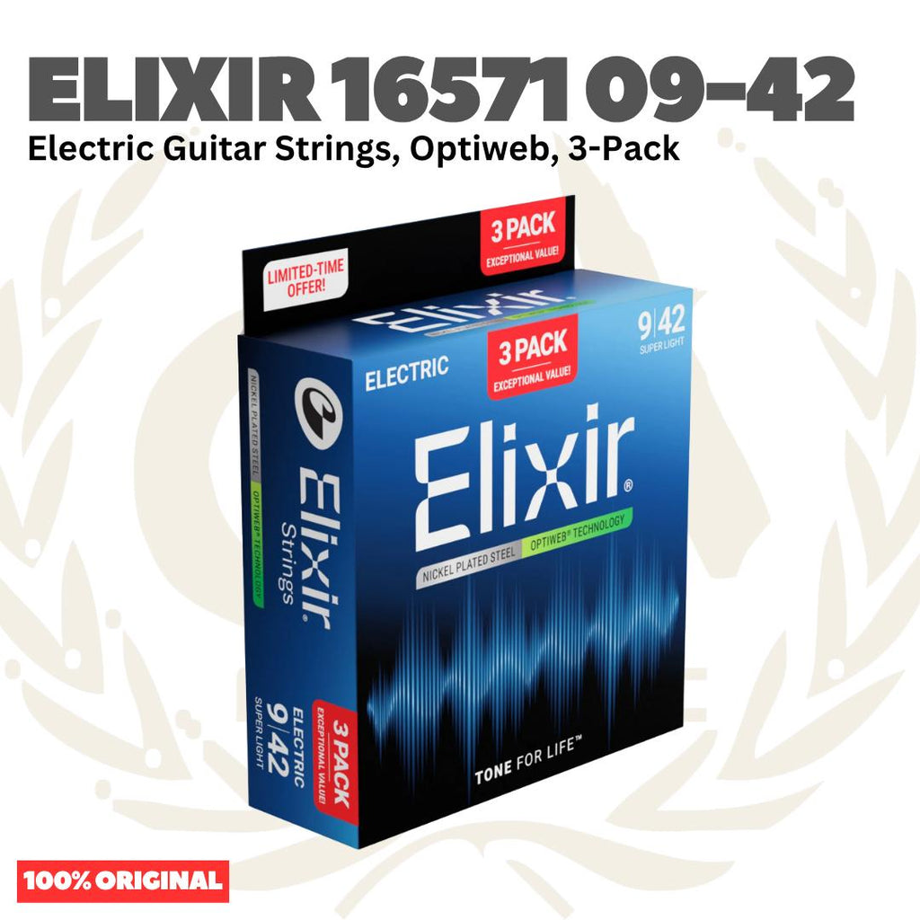 ELIXIR 16571 Optiweb 3-Pack Nickel Plated Steel Super Light, 09-42 Electric Guitar Strings - Senar Gitar Listrik Elektrik isi 3Pack