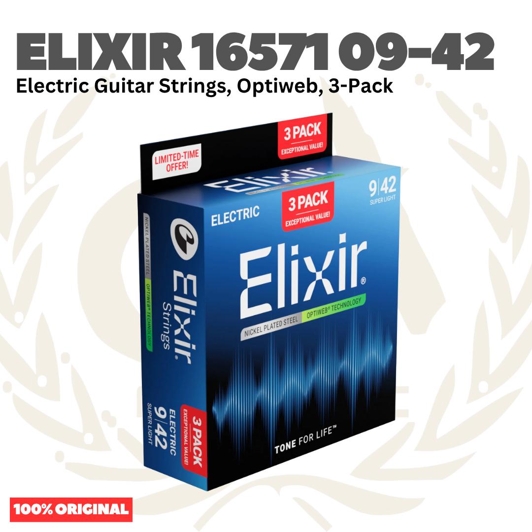 ELIXIR 16571 Optiweb 3-Pack Nickel Plated Steel Super Light, 09-42 Electric Guitar Strings - Senar Gitar Listrik Elektrik isi 3Pack