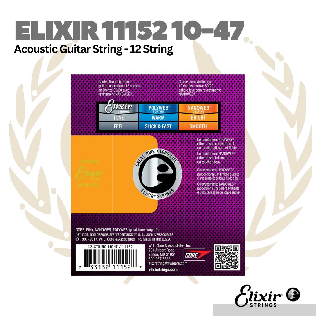 Elixir 11152 10-47 Nanoweb 80/20 Bronze Acoustic Guitar Strings, 12-String