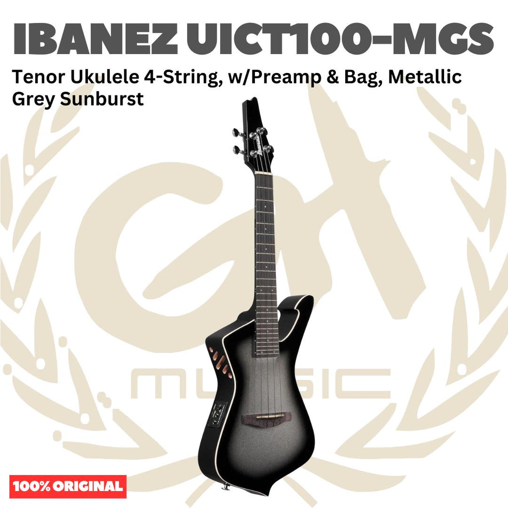 Ibanez UICT100-MGS Tenor Ukulele 4-String w/Preamp & Bag, Metallic Grey Sunburst - Ukulele Tenor 4-senar Original Asli