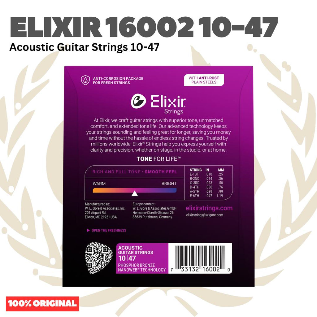 ELIXIR 16002 Nanoweb Phosphor Bronze Acoustic Guitar Strings 10-47