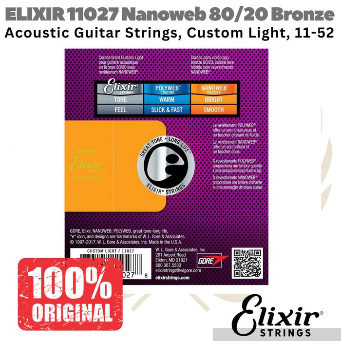 ELIXIR 11027 Nanoweb 80/20 Bronze Acoustic Guitar Strings 11-52 Senar