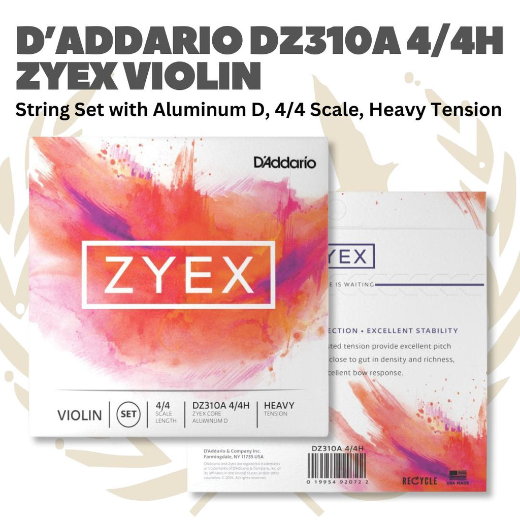 D'Addario DZ310A 4/4 Zyex Violin String Set with Aluminum D, 4/4 Scale, Heavy, Medium & Light Tension - Senar Violin Set Original