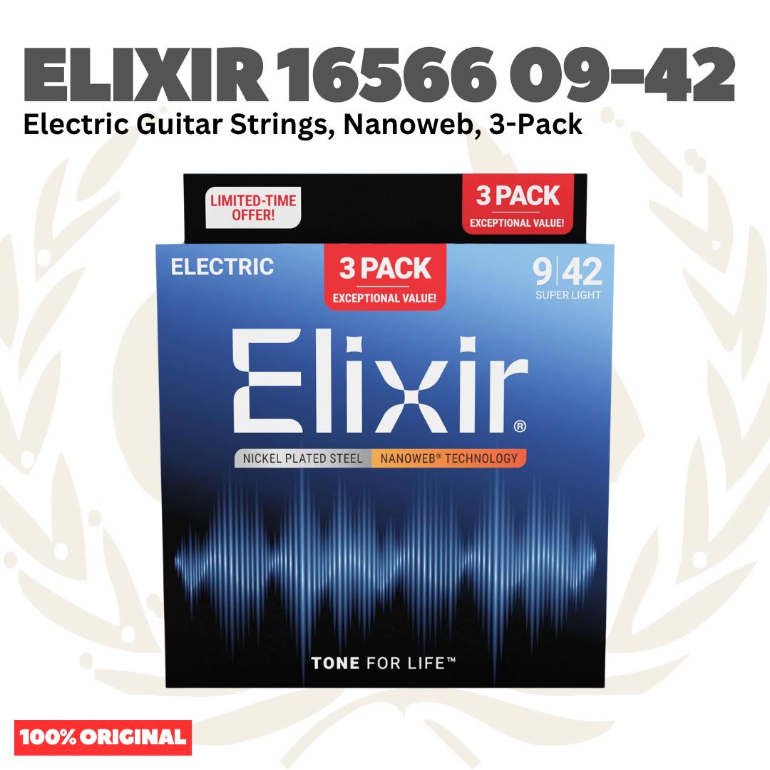 ELIXIR 16566 Nanoweb 3-Pack Nickel Plated Steel Super Light, 09-42 Electric Guitar String - Senar Gitar Listrik Elektrik isi 3Pack
